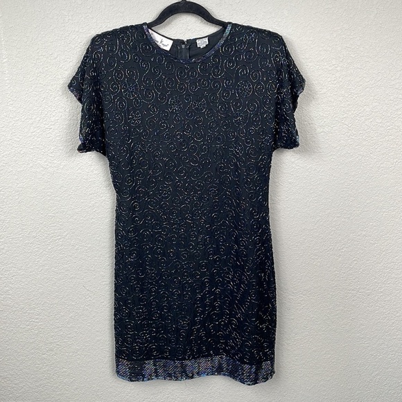 Vintage Laurence Kazar Black Silk Beaded Evening Cocktail Shift Dress Sz MP - Picture 1 of 11